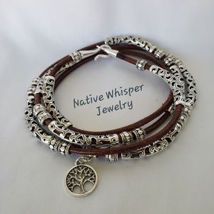 Tree of life leather and silver wrap bracelet